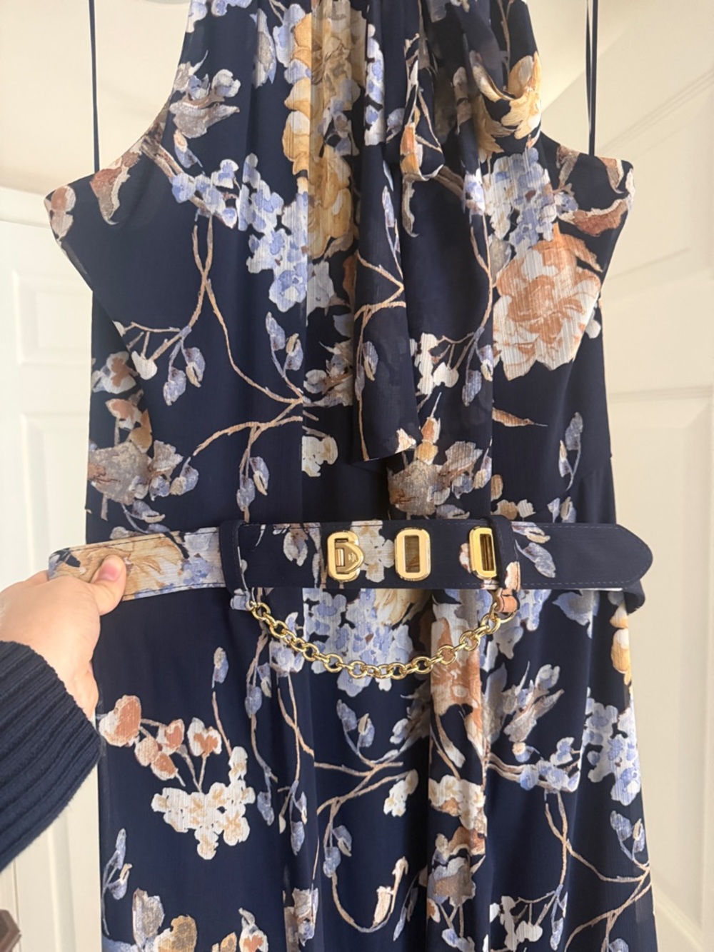 Lauren Ralph Lauren Navy Floral Halter Gown with Belt - Picture 2 of 5